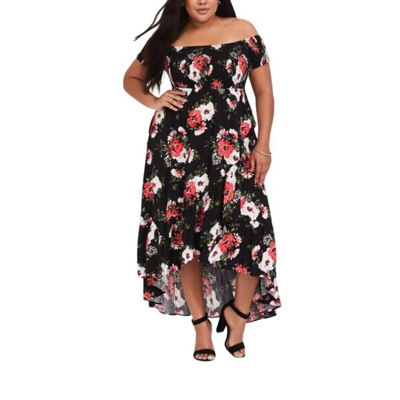 torrid Dresses & Skirts - TORRID Challis Maxi Dress BLACK w PINK & WHITE Floral size 00 M 10 Hi-Low Hem